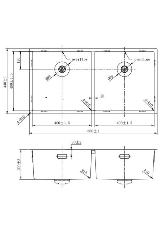 Pure.Sink Prestige Dvojni Gun kovinski umivalnik 82x40 cm 10mm radij podgradnja, ravna gradnja in nadgradnja PPG404040-61