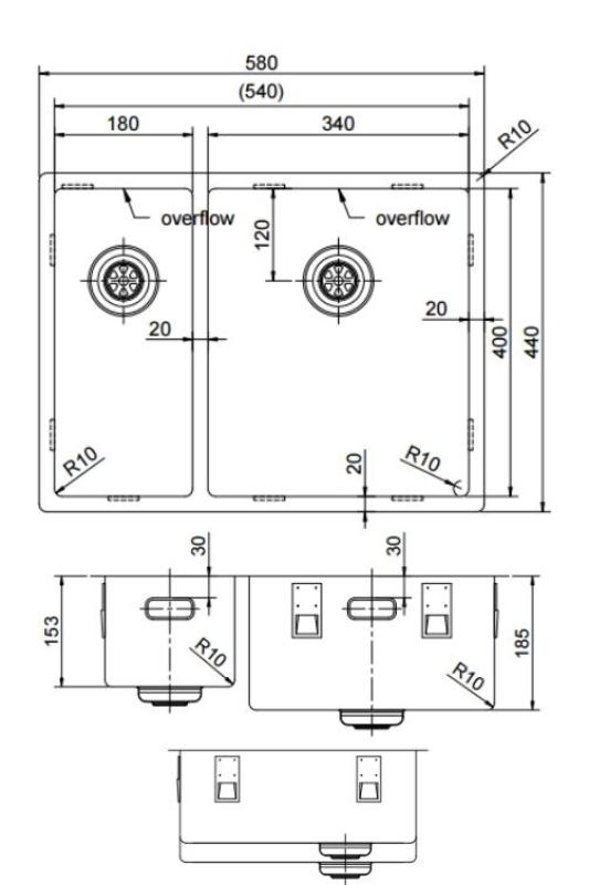 Pure.Sink Exclusivo Bakren 1,5 enainpolovna umivalnik 18+34cm 10mm radij PEX183440-62