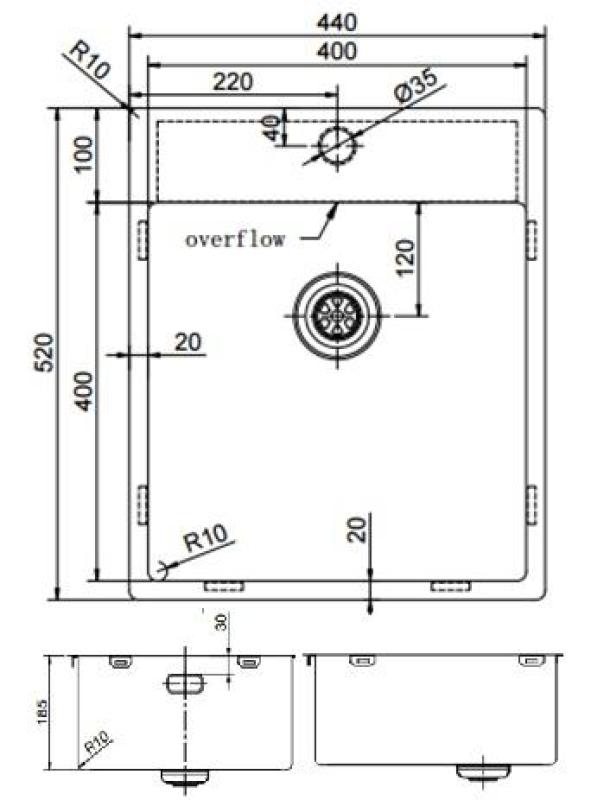 Pure.Sink Exclusivo RVS umivalnik 44x52 cm Tapwing z luknjo za pipo 10mm radius PEX4040T-02