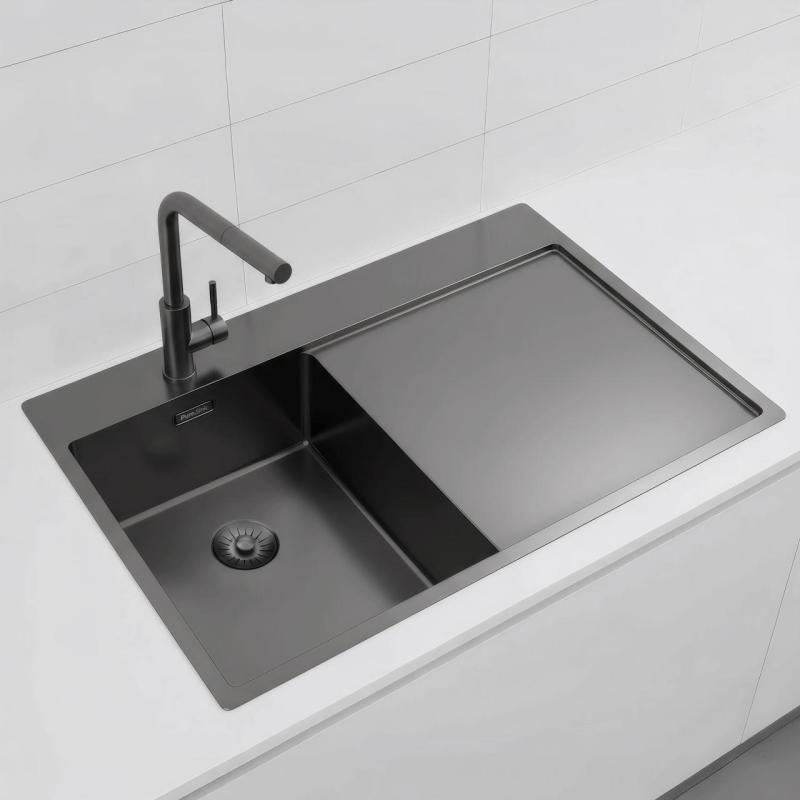 Pure.Sink Exclusivo Gun Metal majhno pomivalno korito z odcejevalnikom 78x52 cm Tapwing levo PEX3478LT-61