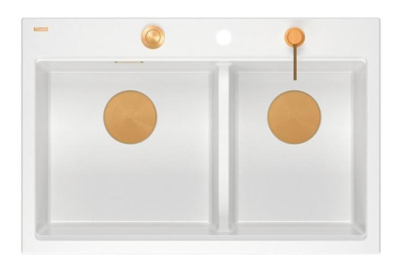 Quadri Hard Rock Dvojno Beli Granitni Nadgradni Umivalnik 76 x 50 cm z Bakreno Zaporko in Dodatki 1208971357