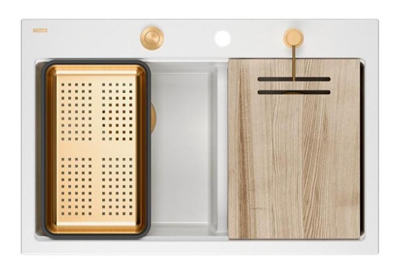 Quadri Hard Rock Dvojno Beli Granitni Nadgradni Umivalnik 76 x 50 cm z Bakreno Zaporko in Dodatki 1208971357