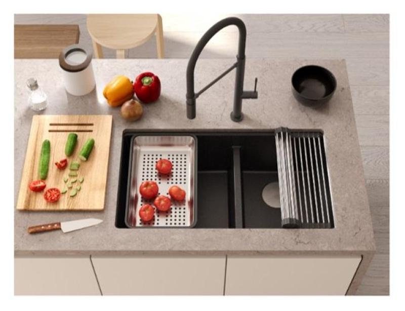 Quadri Newport II Dvojno Antracitno Granitno Podpultno Korito 702 x 390 mm z Bakreno Zaporko 1208971374