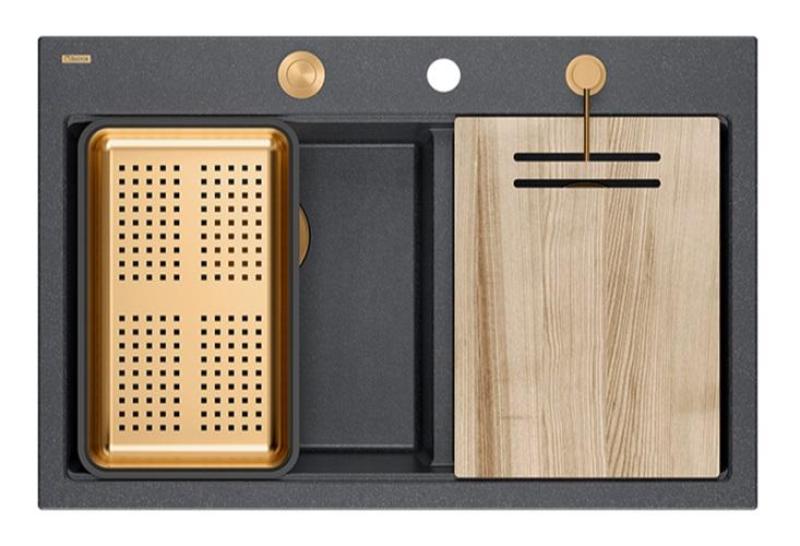 Quadri Hard Rock Dvojni Antracitni Granitni Nadgradni Umirovalnik 76x50 cm z Bakreno Zaporko in Dodatki 1208971388