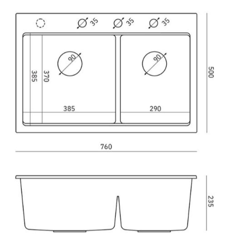 Quadri Hard Rock Dvojno črno granitno nadgradno pomivalno korito 76x50 cm z bakreno zaporko in dodatki 1208971390