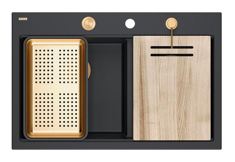 Quadri Hard Rock Dvojno črno granitno nadgradno pomivalno korito 76x50 cm z bakreno zaporko in dodatki 1208971390