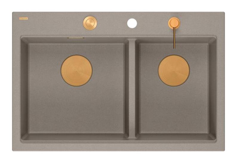Quadri Hard Rock Dvojno Taupe Granitni Vgradni Umivalnik 76x50 cm z Bakreno Zaporko in Dodatki 1208971391