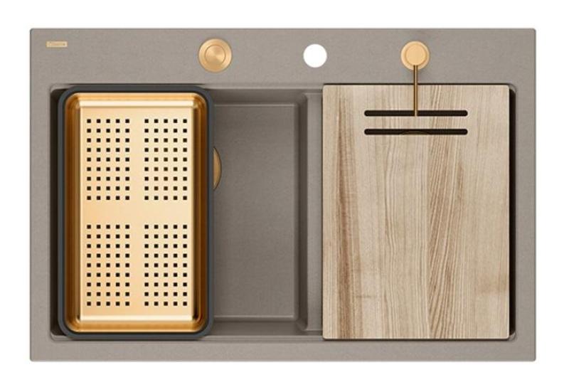 Quadri Hard Rock Dvojno Taupe Granitni Vgradni Umivalnik 76x50 cm z Bakreno Zaporko in Dodatki 1208971391