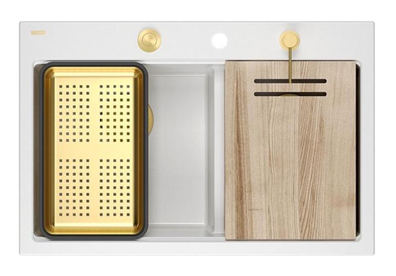 Quadri Hard Rock Dvojno Beli Granitni Nadgradni Umivalnik 76x50 cm z Zlatim vtičem in dodatki 1208971392