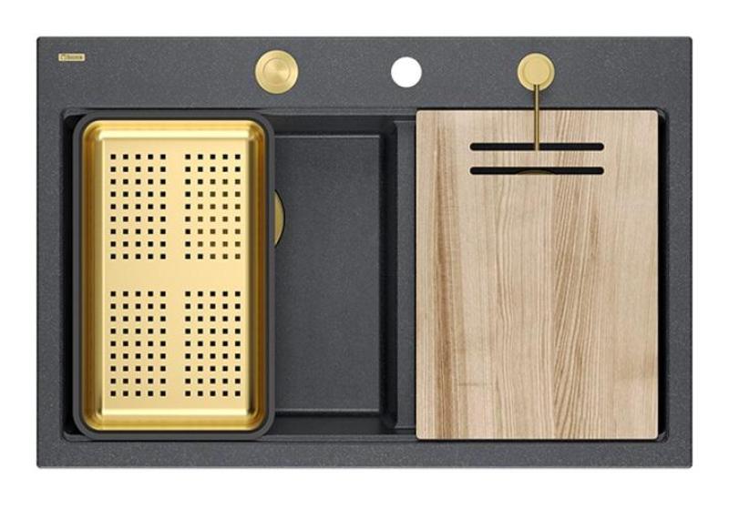 Quadri Hard Rock Dvojni Antracit Granitni Nadgradni Umivalnik 76x50 cm z Zlatim zamaškom in dodatki 1208971393