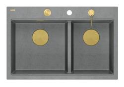 Quadri Hard Rock Dvojni sivi granitni nadgradni umivalnik 76x50 cm z zlatim zamaškom in dodatki 1208971394