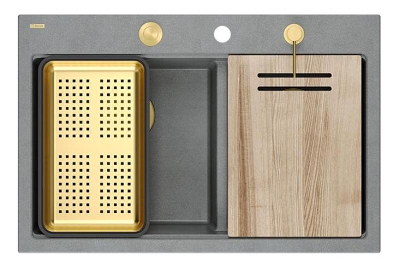 Quadri Hard Rock Dvojni sivi granitni nadgradni umivalnik 76x50 cm z zlatim zamaškom in dodatki 1208971394