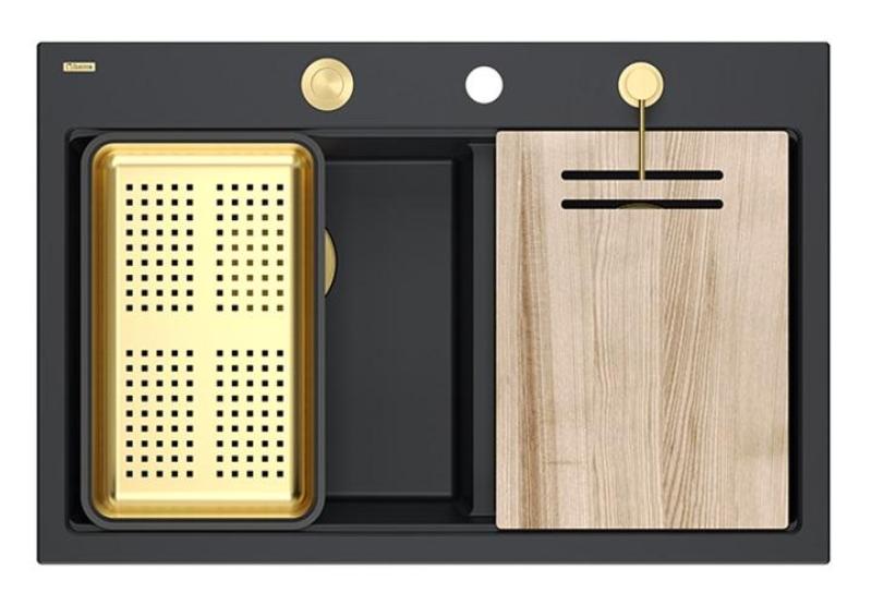 Quadri Hard Rock Dvojno Črni Granitni Nadgradni Umivalnik 76x50 cm z Zlatim čepom in dodatki 1208971395