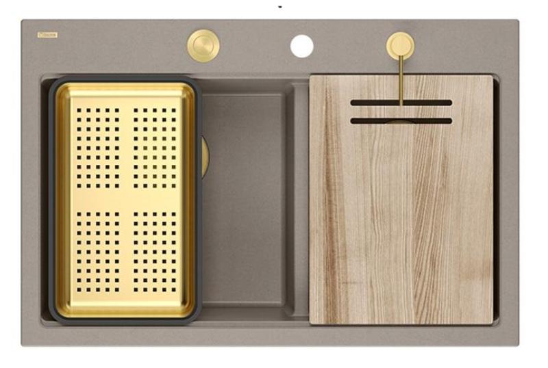 Quadri Hard Rock Dvojno Taupe Granitno Nadgradno Korito 76x50 cm z Zlatim čepom in dodatki 1208971396