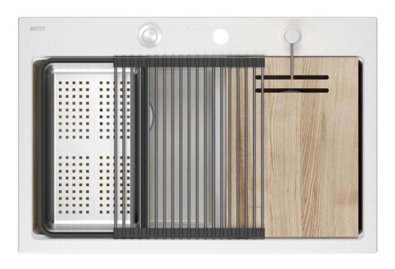 Quadri Hard Rock Dvojni Beli Granitni Nadgradni Umivalnik 76x50 cm z Inox čepom in dodatki 1208971398