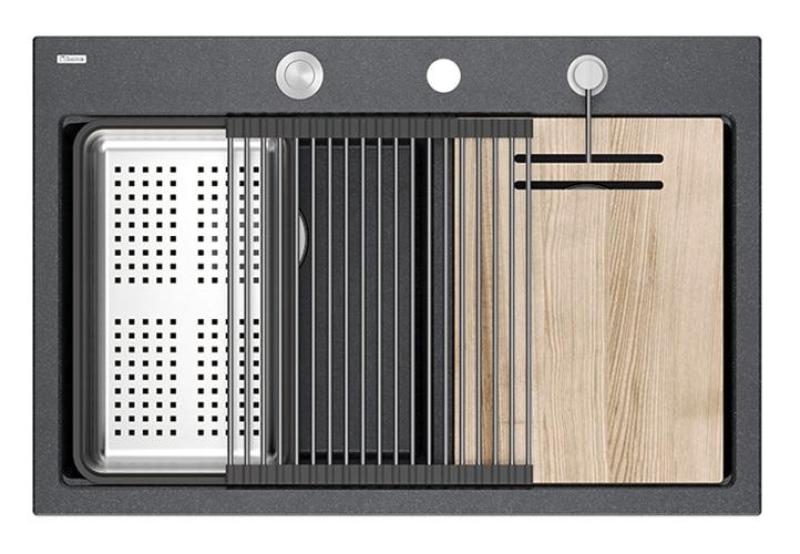 Quadri Hard Rock Dvojni Antracitni Granitni Nadgradni Umivalnik 76x50 cm z RVS čepom in dodatki 1208971399