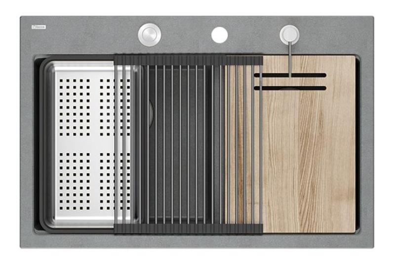 Quadri Hard Rock Dvojno sivi granitni nadgradni umivalnik 76x50 cm z RVS čepom in dodatki 1208971400