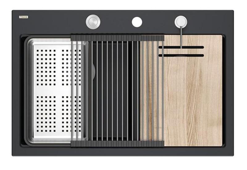 Quadri Hard Rock Dvojni Črni Granitni Nadgradni Pomivalno Korito 76x50 cm z RVS čepom in dodatki 1208971401