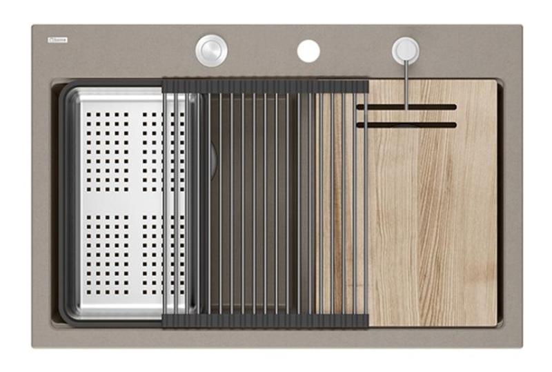 Quadri Hard Rock Dvojni Taupe Granitni Nadgradni Umivalnik 76x50 cm z RVS čepom in dodatki 1208971402