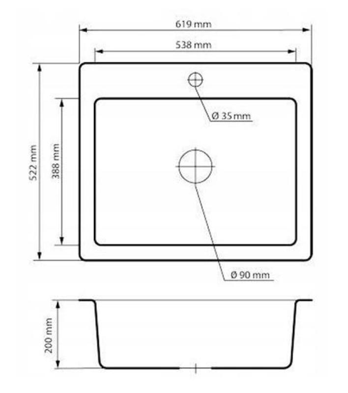 Graniteland Vastone Granitno Pomivalno Korito 619x522 mm Črna Vgradnja z Luknjo za Pipo in RVS Zamašek 1208971443