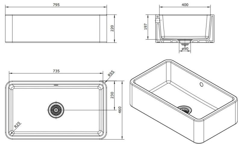 Ausmann Ceramic Mira Keramično Belo Korito - Podgradnja in Vgradnja 795 x 460 mm z Belim zamaškom 1208971470