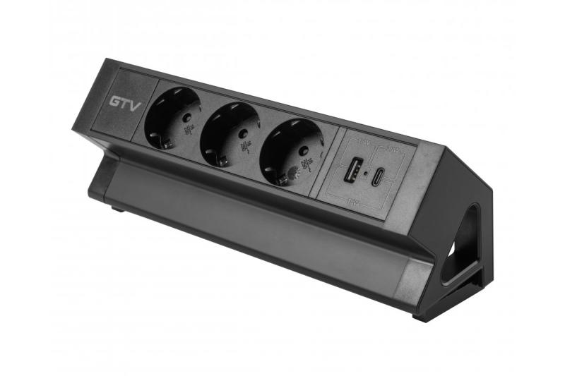 Pohištvena vtičnica BASCO, 3xSHUKO, USB A+C, kabel 1,5 m, črna