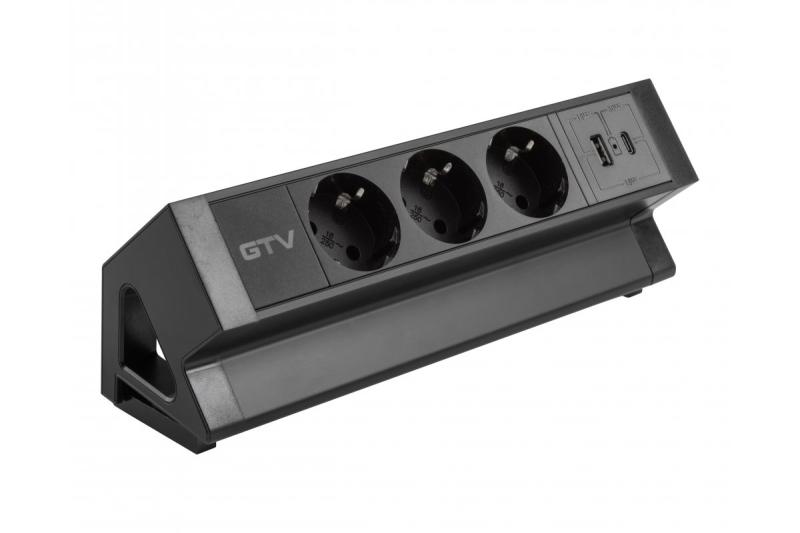 Pohištvena vtičnica BASCO, 3xSHUKO, USB A+C, kabel 1,5 m, črna