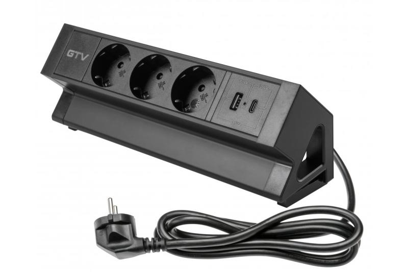 Pohištvena vtičnica BASCO, 3xSHUKO, USB A+C, kabel 1,5 m, črna