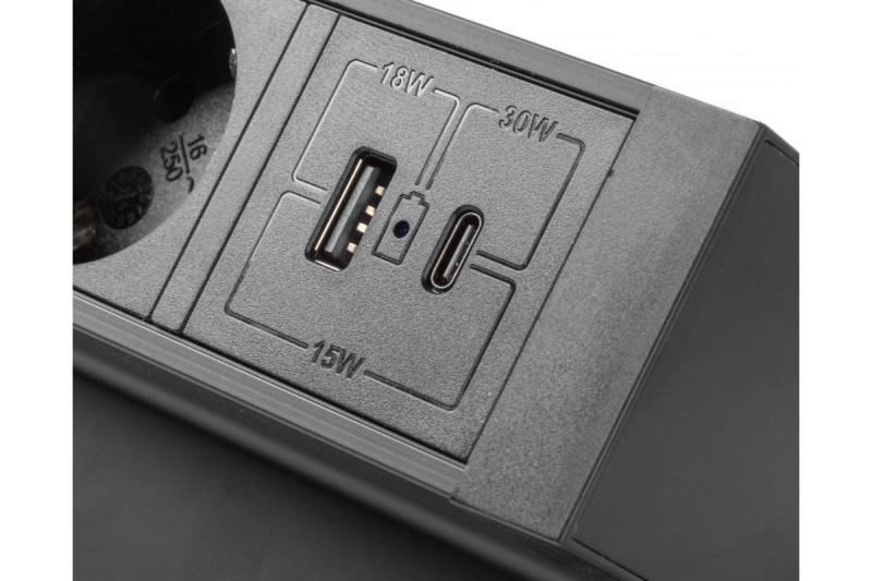 Pohištvena vtičnica BASCO, 3xSHUKO, USB A+C, kabel 1,5 m, črna