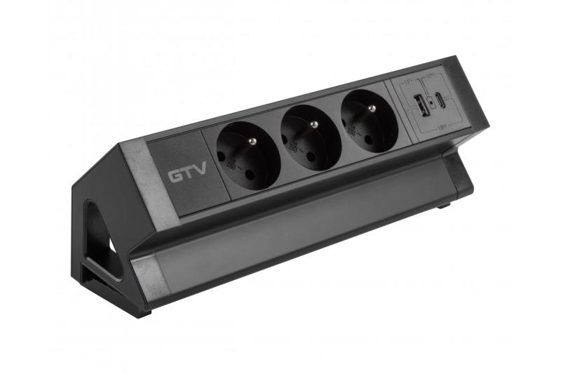 Vtičnica za pohištvo Basco, 3 x vtičnica z ozemljitvijo, USB A+C, 1,5 m kabel, črna z montažo