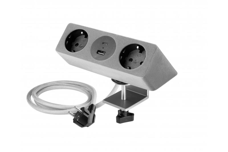 Pohištvena vtičnica SOFITO, 2xSHUKO, USB A+C, kabel 1,5 m, siva flisaka