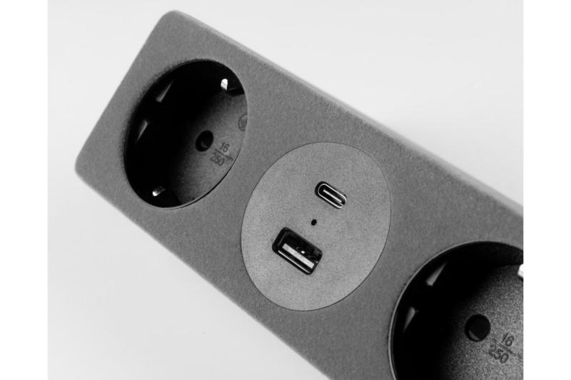 Pohištvena vtičnica SOFITO, 2xSHUKO, USB A+C, kabel 1,5 m, siva flisaka