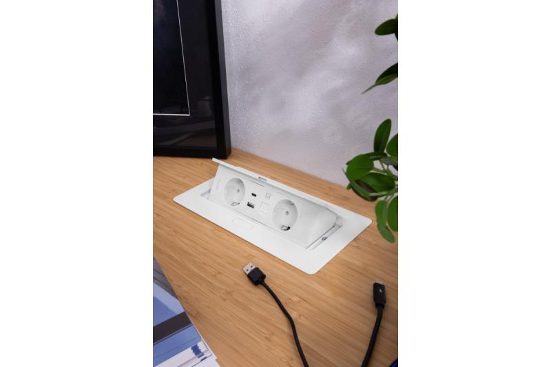 Pohištvena vtičnica MULTISOFT, 2xSHUKO, USB A+C, RJ45, kabel 1,5 m, bela