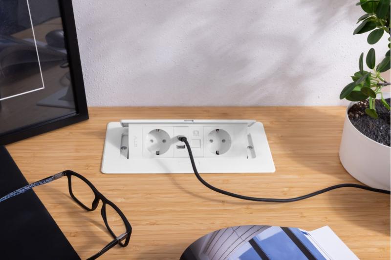 Pohištvena vtičnica MULTISOFT, 2xSHUKO, USB A+C, RJ45, kabel 1,5 m, bela