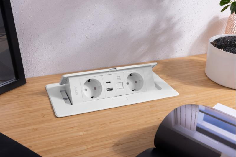 Pohištvena vtičnica MULTISOFT, 2xSHUKO, USB A+C, RJ45, kabel 1,5 m, bela