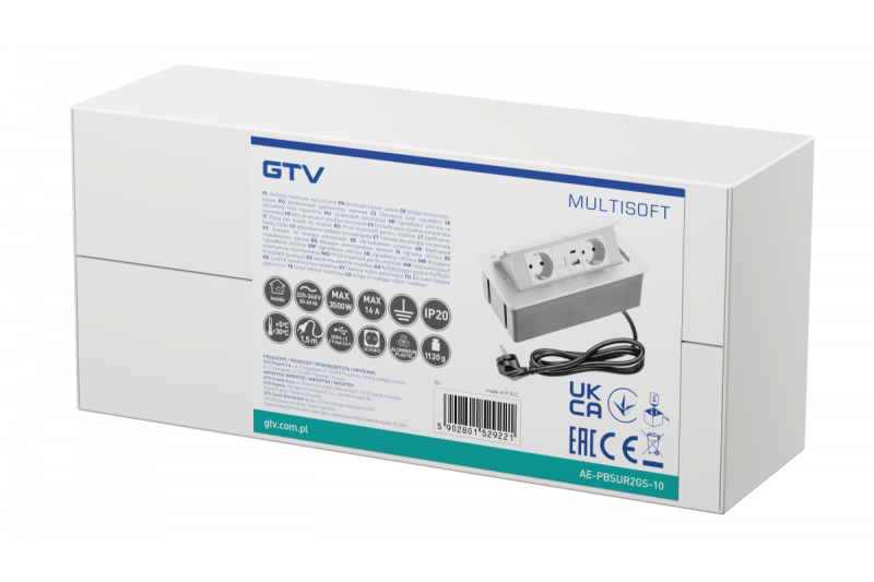 Pohištvena vtičnica MULTISOFT, 2xSHUKO, USB A+C, RJ45, kabel 1,5 m, bela