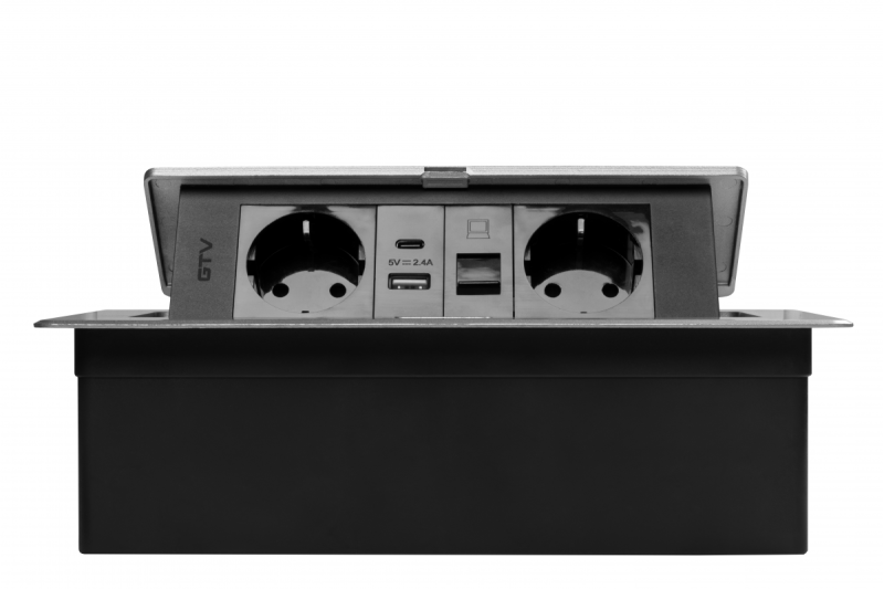 Pohištvena vtičnica MULTISOFT, 2xSCHUKO, USB A+C, RJ45, kabel 1,5 m, aluminij