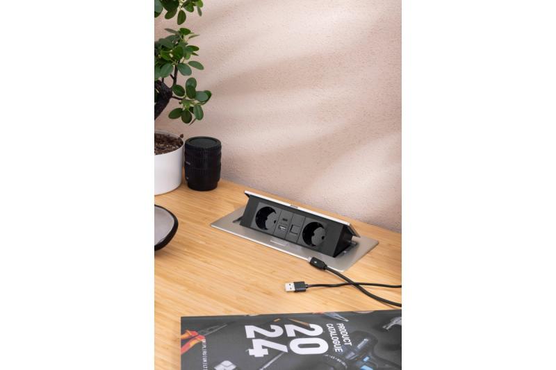 Pohištvena vtičnica MULTISOFT, 2xSCHUKO, USB A+C, RJ45, kabel 1,5 m, aluminij