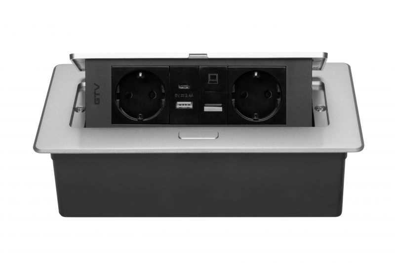 Pohištvena vtičnica MULTISOFT, 2xSCHUKO, USB A+C, RJ45, kabel 1,5 m, aluminij