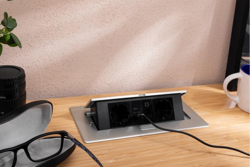 Pohištvena vtičnica MULTISOFT, 2xSCHUKO, USB A+C, RJ45, kabel 1,5 m, aluminij