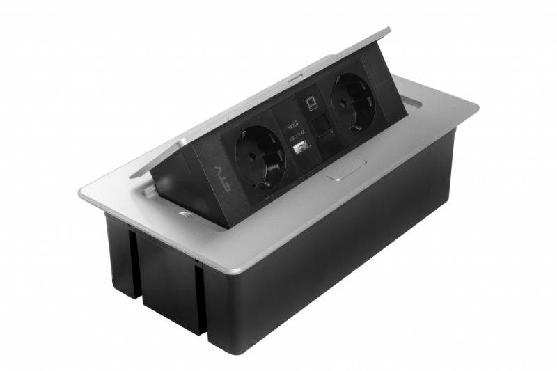 Pohištvena vtičnica MULTISOFT, 2xSCHUKO, USB A+C, RJ45, kabel 1,5 m, aluminij