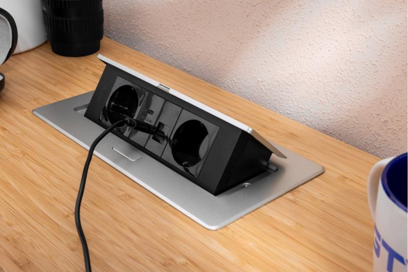 Pohištvena vtičnica MULTISOFT, 2xSCHUKO, USB A+C, RJ45, kabel 1,5 m, aluminij