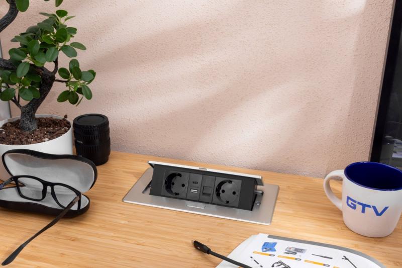 Pohištvena vtičnica MULTISOFT, 2xSCHUKO, USB A+C, RJ45, kabel 1,5 m, aluminij