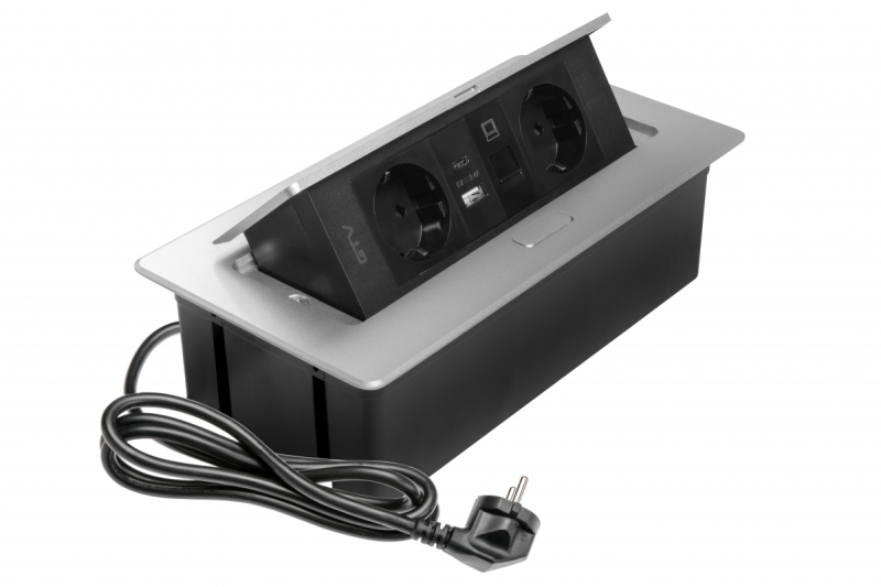Pohištvena vtičnica MULTISOFT, 2xSCHUKO, USB A+C, RJ45, kabel 1,5 m, aluminij
