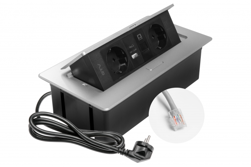Pohištvena vtičnica MULTISOFT, 2xSCHUKO, USB A+C, RJ45, kabel 1,5 m, aluminij
