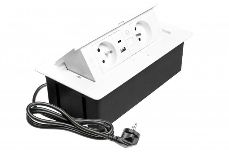 MULTISOFT Pohištvena vtičnica 2x vtičnica z ozemljitvijo, USB A+C, RJ45, napajalni kabel s priključkom, bela