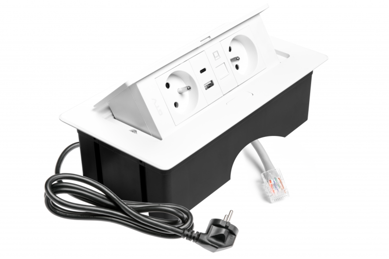 MULTISOFT Pohištvena vtičnica 2x vtičnica z ozemljitvijo, USB A+C, RJ45, napajalni kabel s priključkom, bela