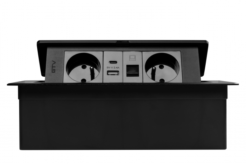 MULTISOFT Pohistvena vtičnica 2x vtičnica z ozemljitvijo, USB A+C, RJ45, napajalni kabel z vtičem, črna