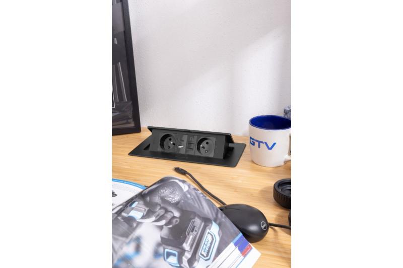 MULTISOFT Pohistvena vtičnica 2x vtičnica z ozemljitvijo, USB A+C, RJ45, napajalni kabel z vtičem, črna