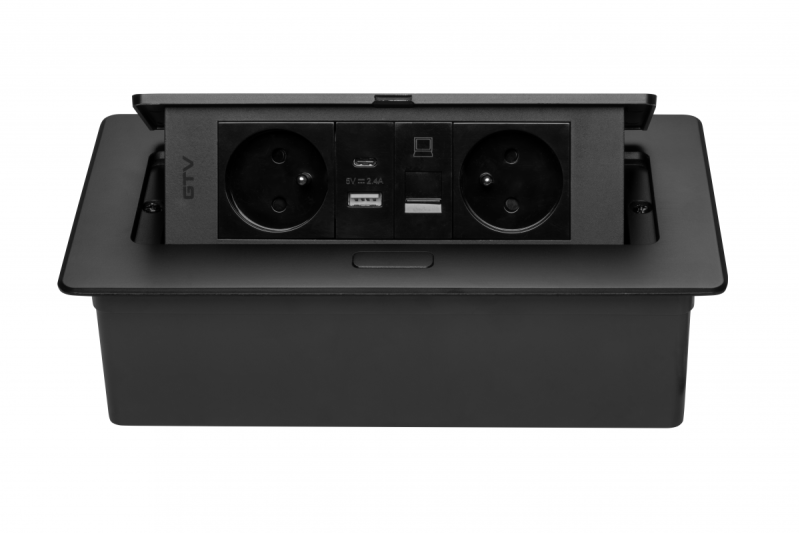 MULTISOFT Pohistvena vtičnica 2x vtičnica z ozemljitvijo, USB A+C, RJ45, napajalni kabel z vtičem, črna